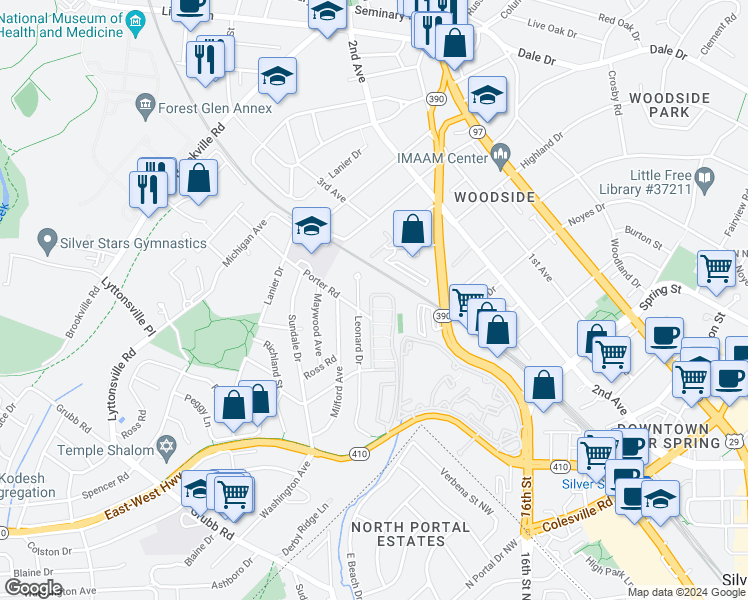 map of restaurants, bars, coffee shops, grocery stores, and more near 1941 Rosemary Hills Drive in Silver Spring