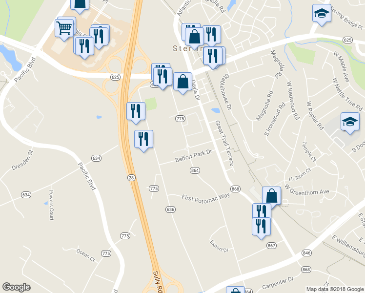 map of restaurants, bars, coffee shops, grocery stores, and more near 45392 Saynamkhan Court in Sterling