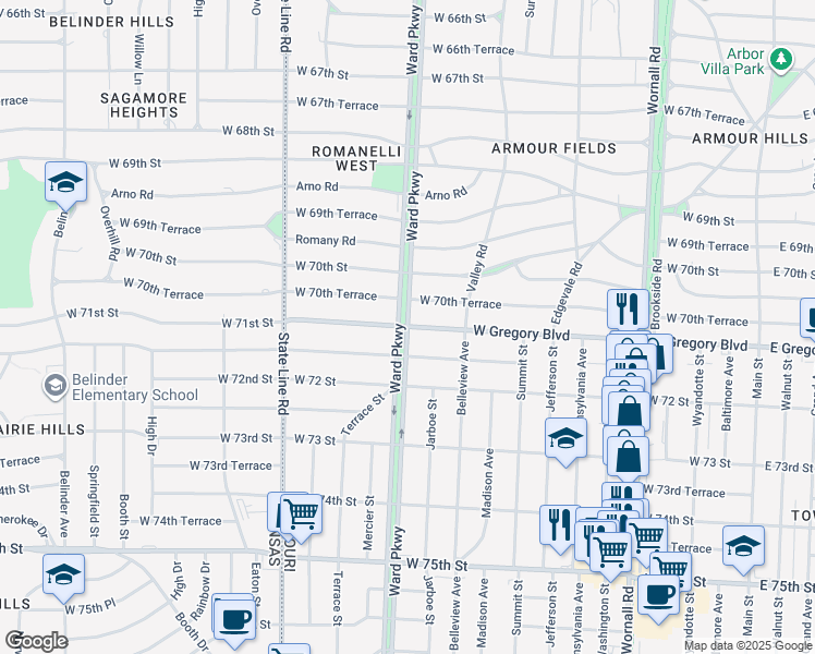 map of restaurants, bars, coffee shops, grocery stores, and more near Ward Parkway in Kansas City