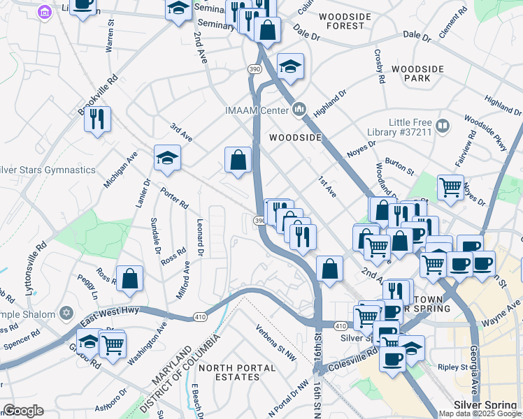 map of restaurants, bars, coffee shops, grocery stores, and more near 16th Street in Silver Spring