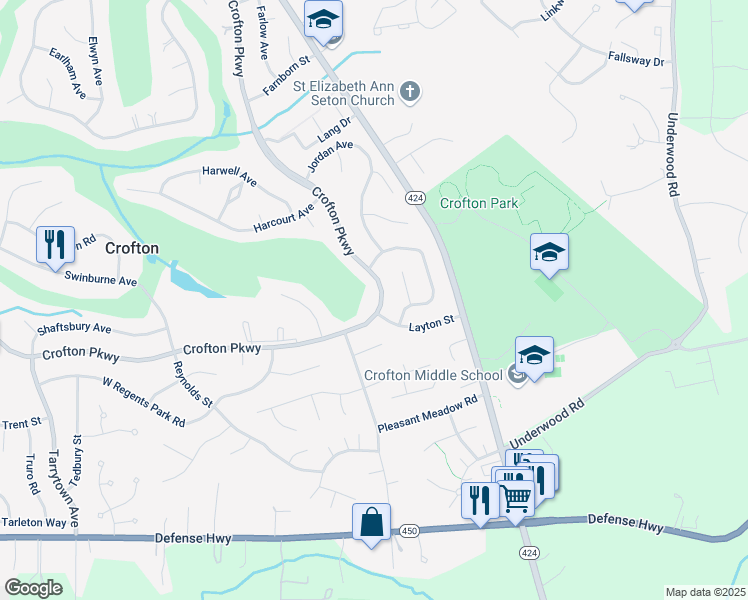 map of restaurants, bars, coffee shops, grocery stores, and more near 1429 Crofton Parkway in Crofton