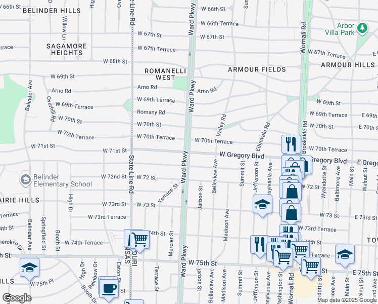 map of restaurants, bars, coffee shops, grocery stores, and more near Ward Parkway in Kansas City