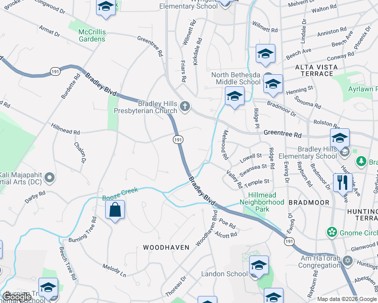map of restaurants, bars, coffee shops, grocery stores, and more near 6513 Bradley Boulevard in Bethesda