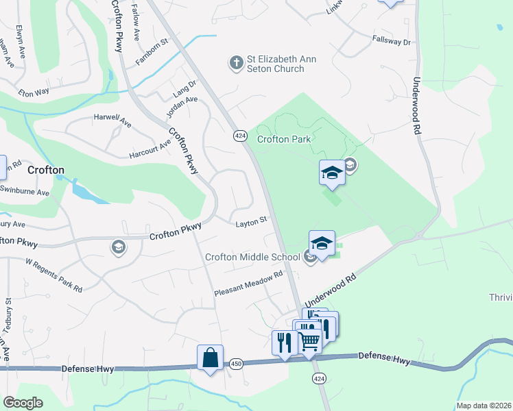 map of restaurants, bars, coffee shops, grocery stores, and more near 1410 Knights Bridge Turn in Crofton