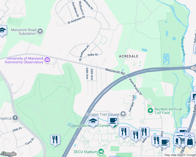 map of restaurants, bars, coffee shops, grocery stores, and more near 8801 36th Avenue in College Park