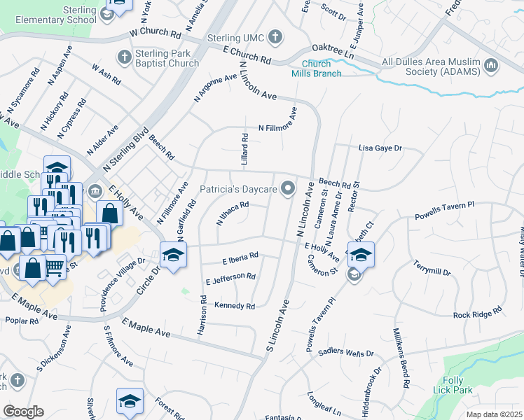 map of restaurants, bars, coffee shops, grocery stores, and more near 111 North Johnson Road in Sterling