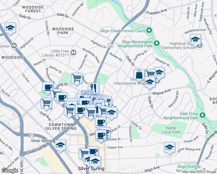 map of restaurants, bars, coffee shops, grocery stores, and more near 61 Ellsworth Heights Street in Silver Spring