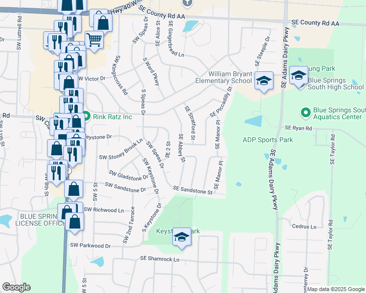 map of restaurants, bars, coffee shops, grocery stores, and more near 100 Southeast Cromwell in Blue Springs