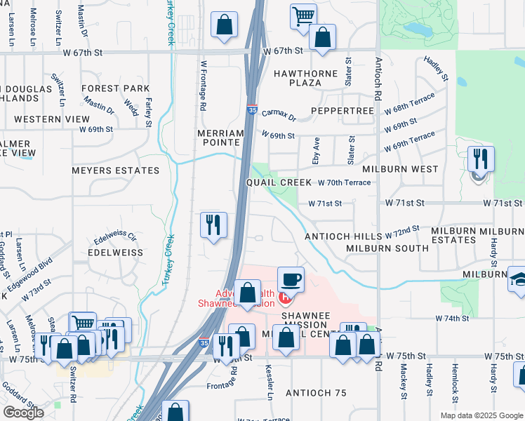 map of restaurants, bars, coffee shops, grocery stores, and more near 7200 Eby Drive in Overland Park