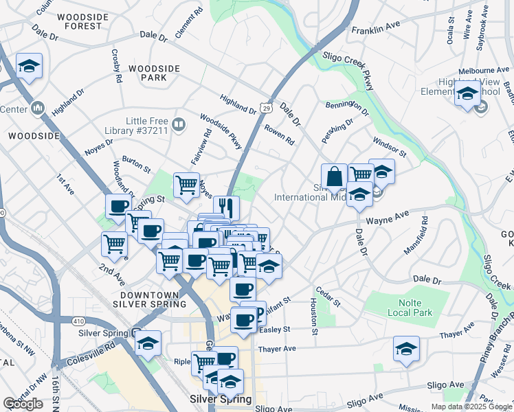 map of restaurants, bars, coffee shops, grocery stores, and more near 646 Ellsworth Drive in Silver Spring