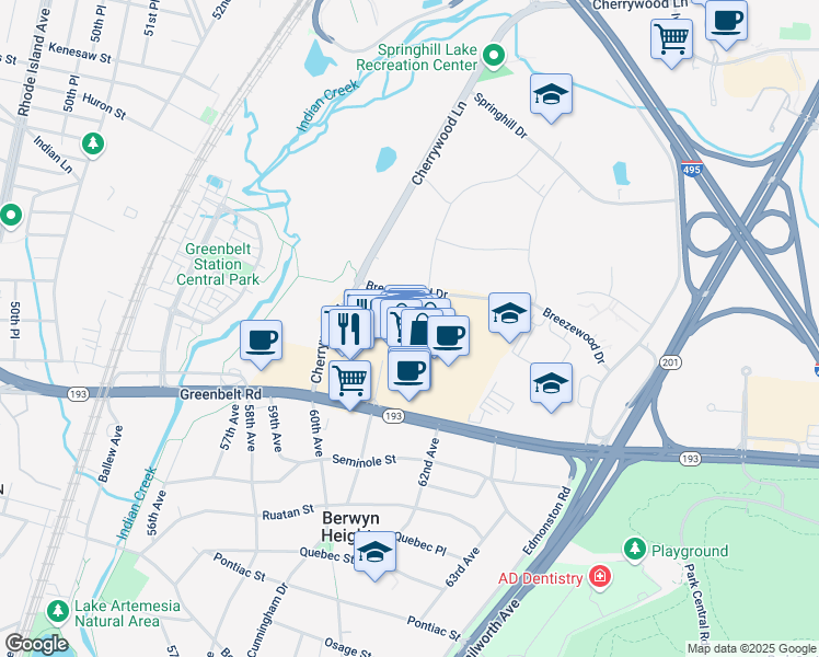 map of restaurants, bars, coffee shops, grocery stores, and more near 6198 Greenbelt Road in Greenbelt