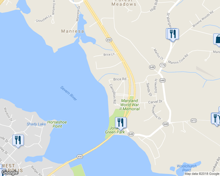 map of restaurants, bars, coffee shops, grocery stores, and more near 1910 Carrollton Road in Annapolis