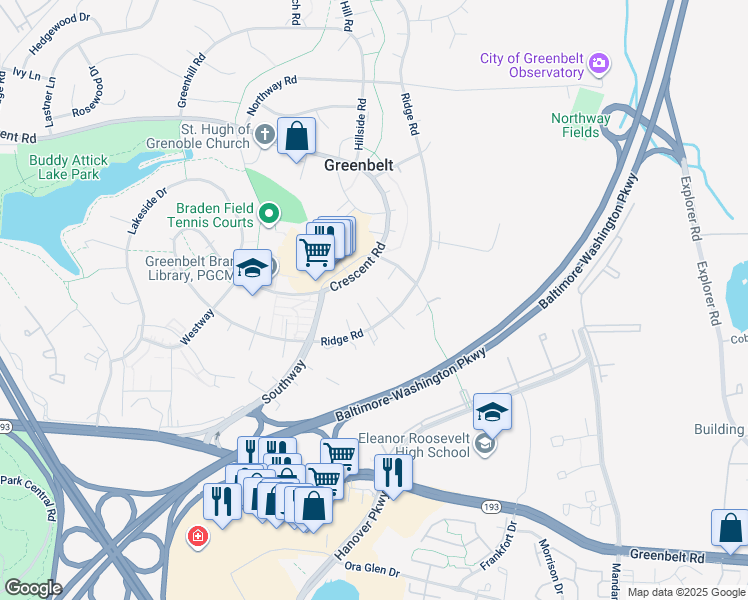 map of restaurants, bars, coffee shops, grocery stores, and more near 23 F Ridge Road in Greenbelt
