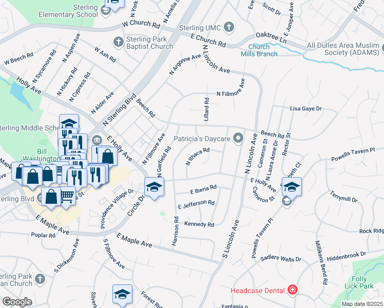 map of restaurants, bars, coffee shops, grocery stores, and more near 117 North Ithaca Road in Sterling