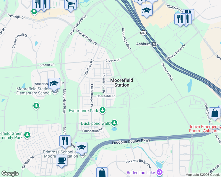 map of restaurants, bars, coffee shops, grocery stores, and more near 22304 Seabring Terrace in Brambleton