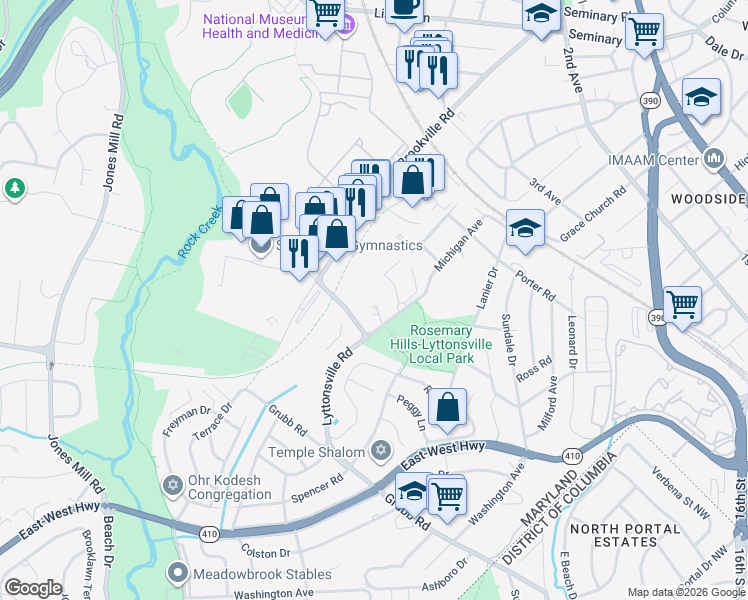 map of restaurants, bars, coffee shops, grocery stores, and more near 2445 Lyttonsville Road in Silver Spring