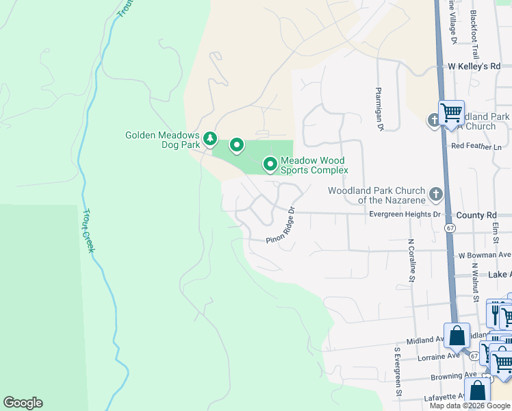 map of restaurants, bars, coffee shops, grocery stores, and more near 600 Misty Pines Circle in Woodland Park