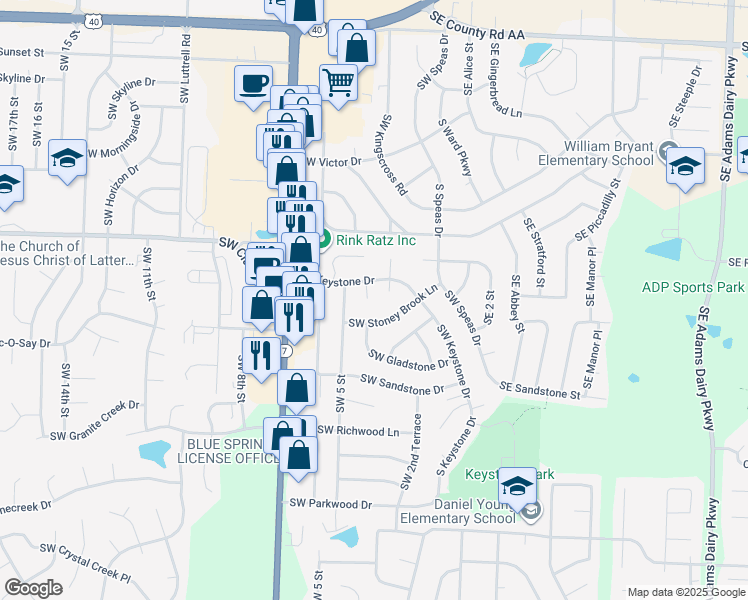 map of restaurants, bars, coffee shops, grocery stores, and more near 320 Southwest Keystone Court in Blue Springs