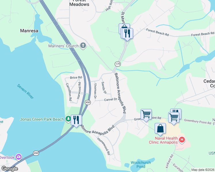 map of restaurants, bars, coffee shops, grocery stores, and more near 1908 Dulaney Place in Annapolis
