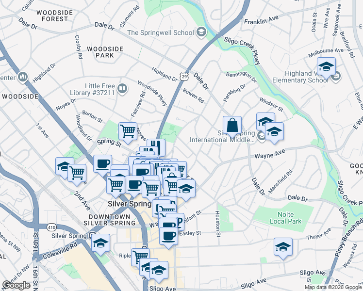 map of restaurants, bars, coffee shops, grocery stores, and more near 8620 Springvale Road in Silver Spring
