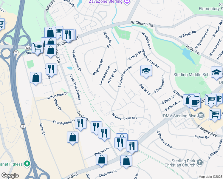 map of restaurants, bars, coffee shops, grocery stores, and more near 1029 South Hoga Road in Sterling