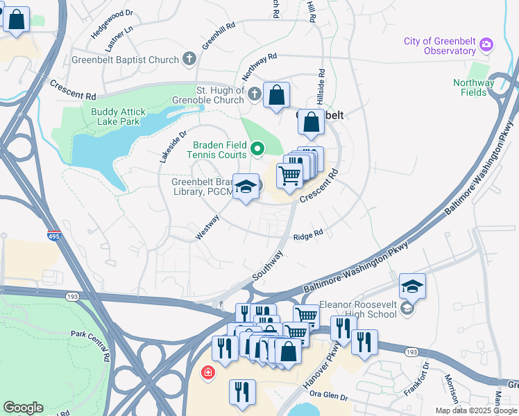 map of restaurants, bars, coffee shops, grocery stores, and more near 16 Crescent Road in Greenbelt