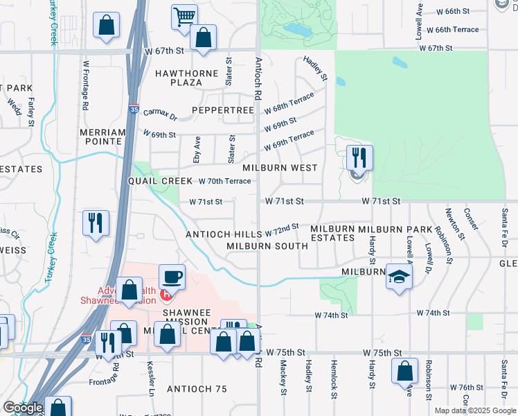 map of restaurants, bars, coffee shops, grocery stores, and more near 7105 Antioch Road in Overland Park
