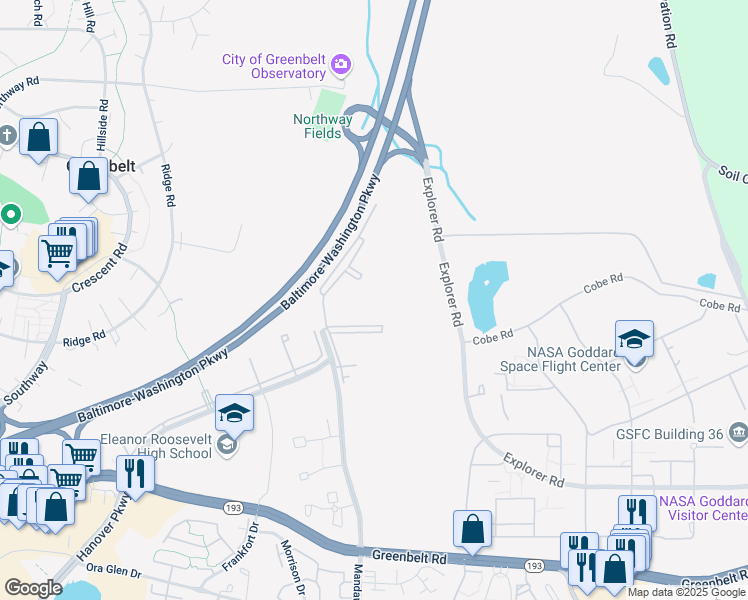 map of restaurants, bars, coffee shops, grocery stores, and more near 7917 Mandan Road in Greenbelt