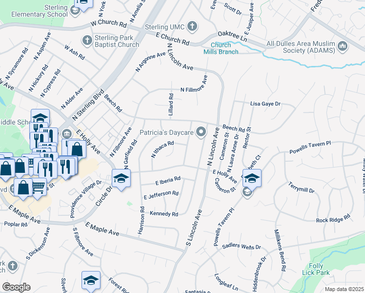 map of restaurants, bars, coffee shops, grocery stores, and more near 111 North Johnson Road in Sterling