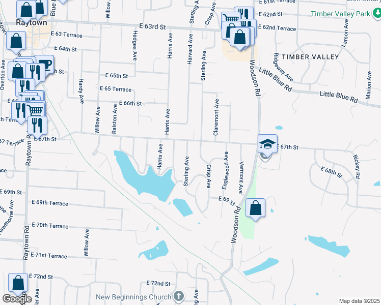 map of restaurants, bars, coffee shops, grocery stores, and more near 6721 Sterling Avenue in Raytown