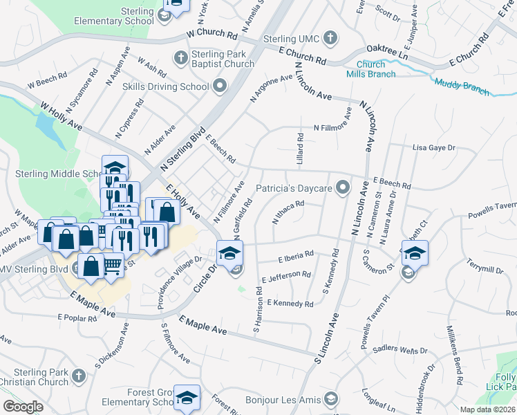 map of restaurants, bars, coffee shops, grocery stores, and more near 117 N Harrison Rd in Sterling