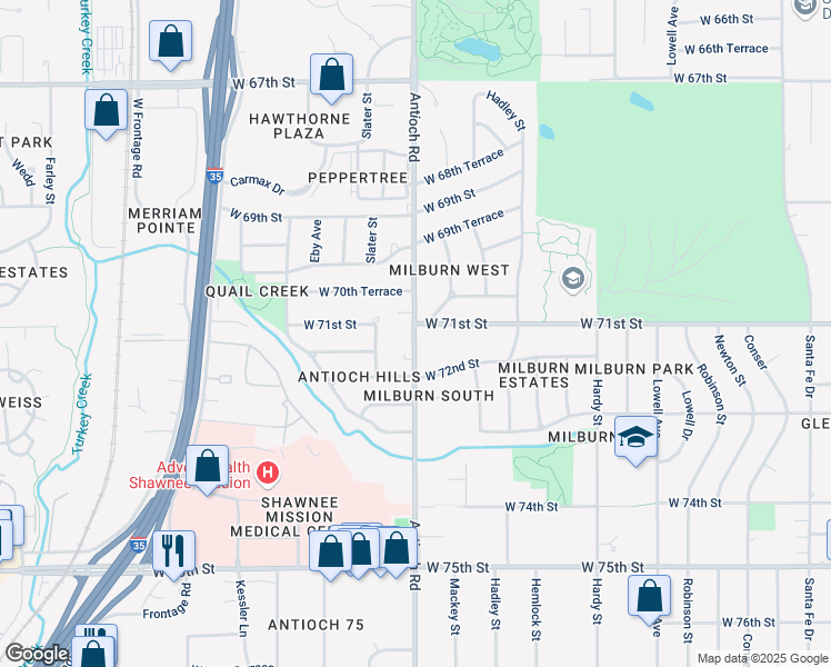 map of restaurants, bars, coffee shops, grocery stores, and more near 7105 Antioch Road in Overland Park