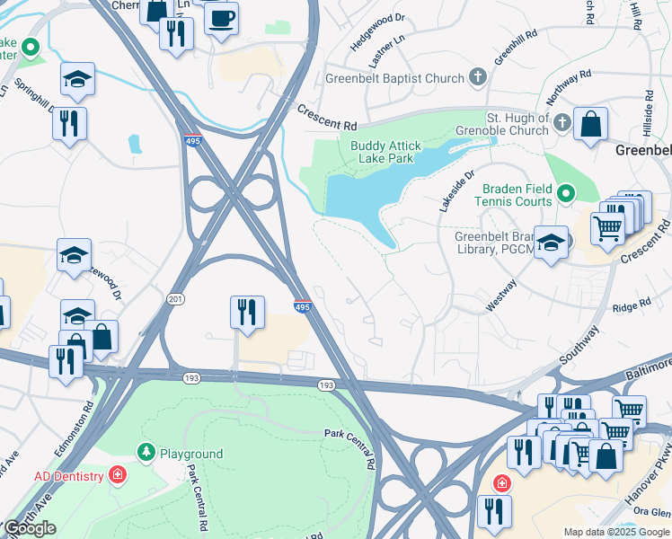 map of restaurants, bars, coffee shops, grocery stores, and more near 7962 Vanity Fair Dr in Greenbelt