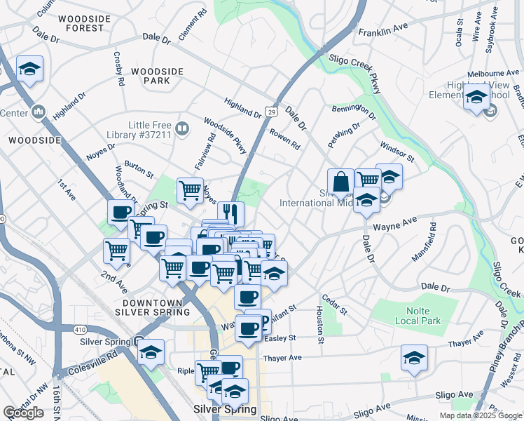 map of restaurants, bars, coffee shops, grocery stores, and more near 644 Ellsworth Drive in Silver Spring