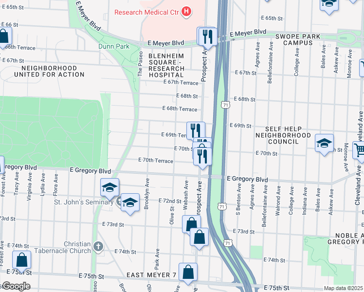 map of restaurants, bars, coffee shops, grocery stores, and more near 2412 East 70th Street in Kansas City
