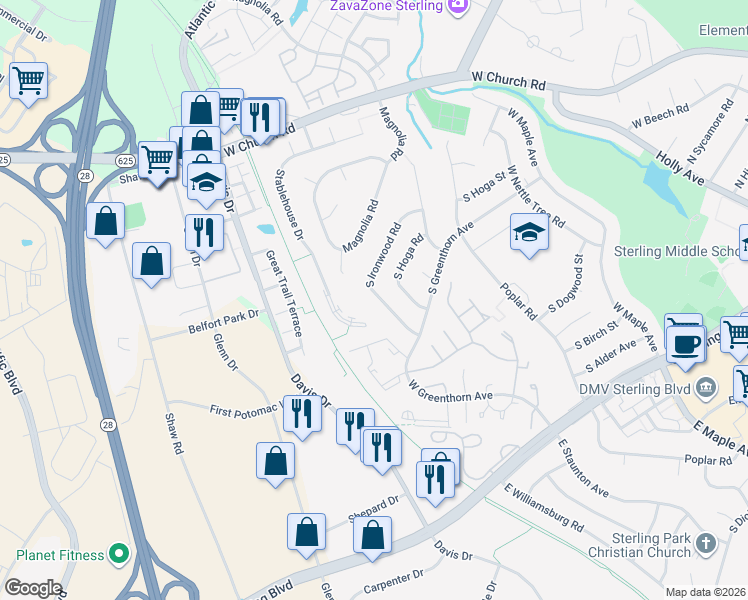 map of restaurants, bars, coffee shops, grocery stores, and more near 1039 South Ironwood Road in Sterling