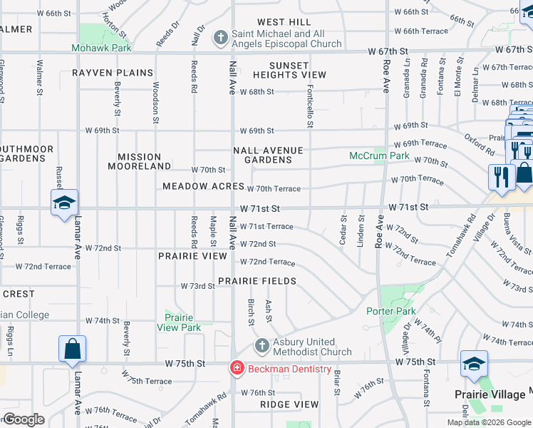 map of restaurants, bars, coffee shops, grocery stores, and more near 5305 West 71st Street in Prairie Village
