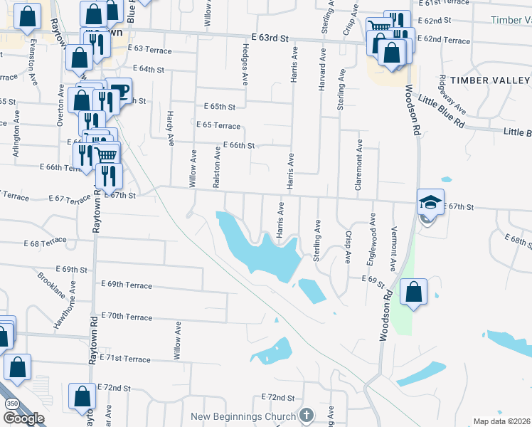map of restaurants, bars, coffee shops, grocery stores, and more near 6711 Appleton Avenue in Raytown