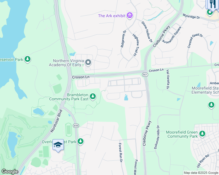 map of restaurants, bars, coffee shops, grocery stores, and more near 42747 Wilmar Square in Broadlands