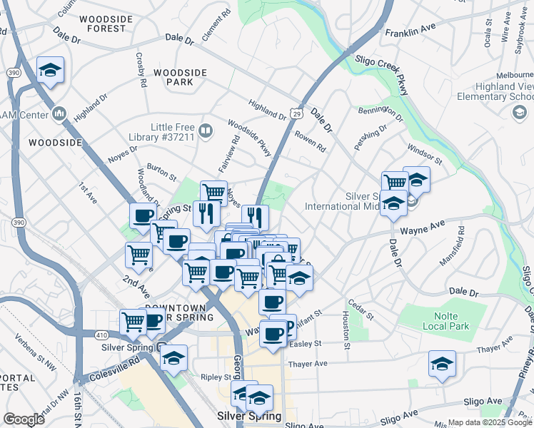 map of restaurants, bars, coffee shops, grocery stores, and more near 8901 Colesville Road in Silver Spring
