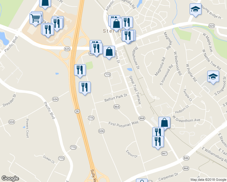 map of restaurants, bars, coffee shops, grocery stores, and more near 45424 Oak Trail Square in Sterling