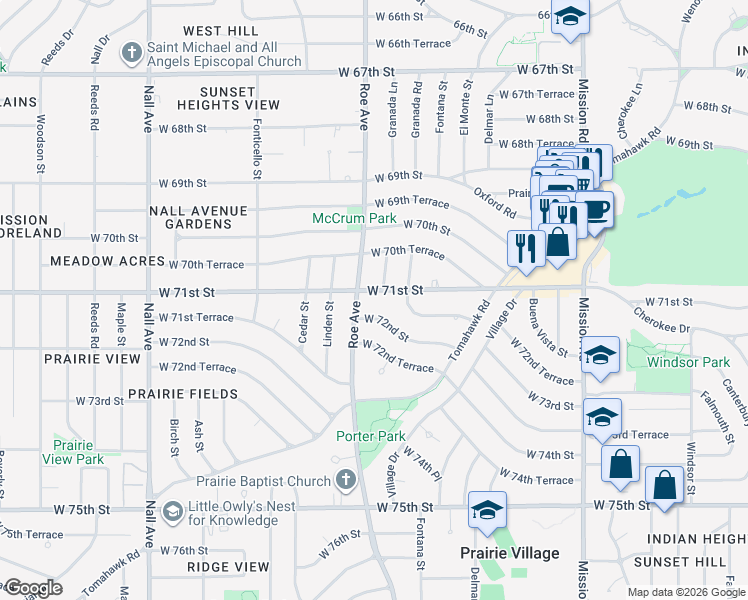 map of restaurants, bars, coffee shops, grocery stores, and more near 4635 West 71st Street in Prairie Village