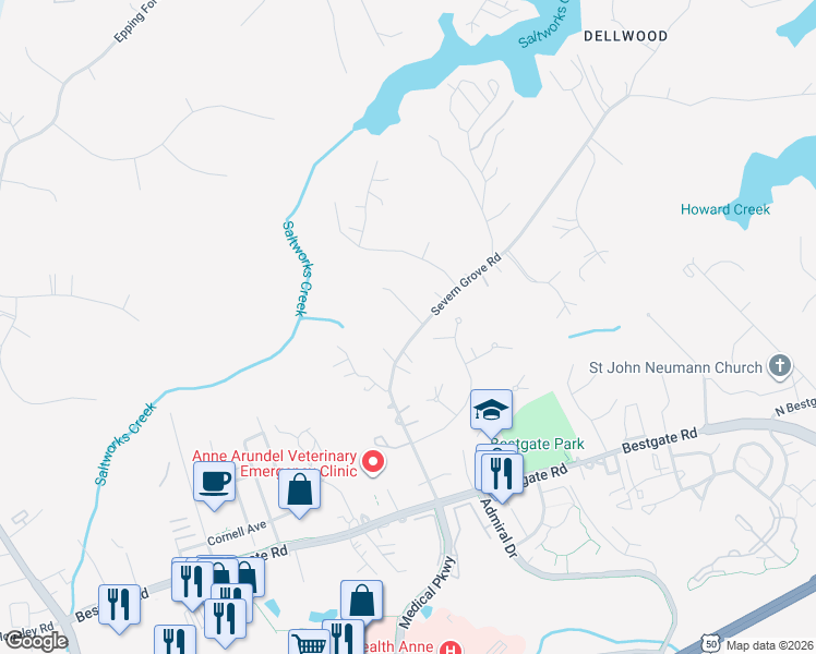 map of restaurants, bars, coffee shops, grocery stores, and more near 1930 Severn Grove Road in Annapolis