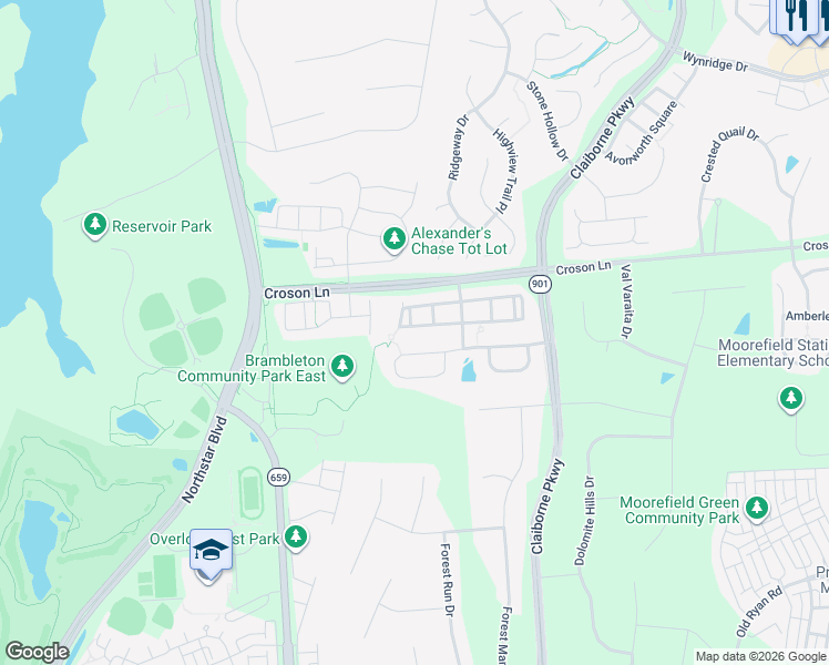 map of restaurants, bars, coffee shops, grocery stores, and more near 42757 Wilmar Square in Broadlands
