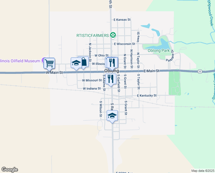map of restaurants, bars, coffee shops, grocery stores, and more near 101-147 W Indiana St in Oblong