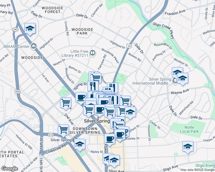 map of restaurants, bars, coffee shops, grocery stores, and more near 1006 Noyes Drive in Silver Spring