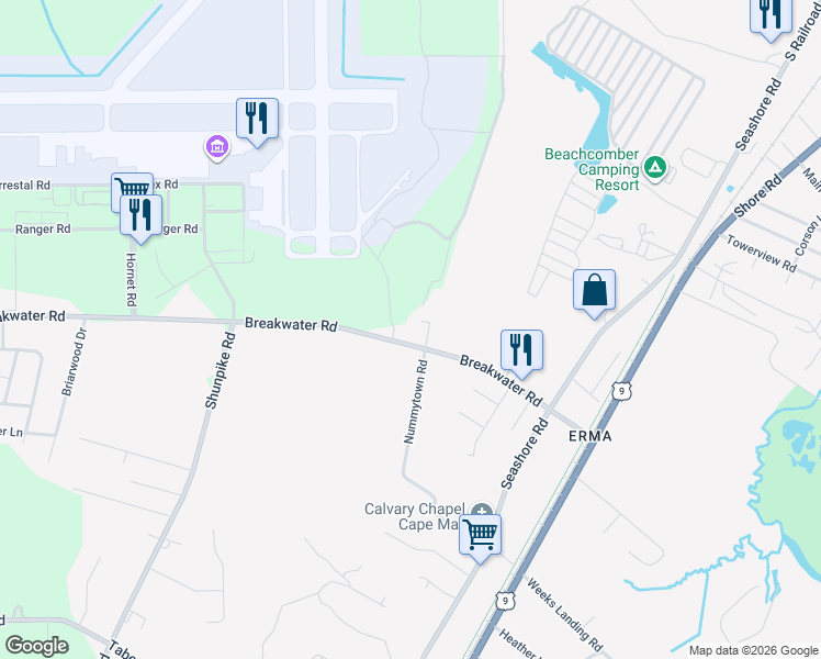 map of restaurants, bars, coffee shops, grocery stores, and more near 539 Breakwater Road in Cape May