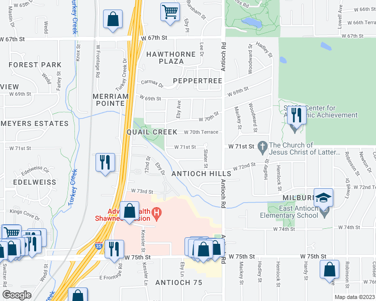 map of restaurants, bars, coffee shops, grocery stores, and more near 8901 West 71st Street in Overland Park