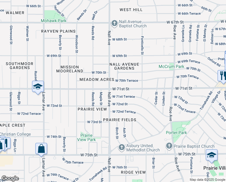 map of restaurants, bars, coffee shops, grocery stores, and more near 5409 West 71st Street in Prairie Village