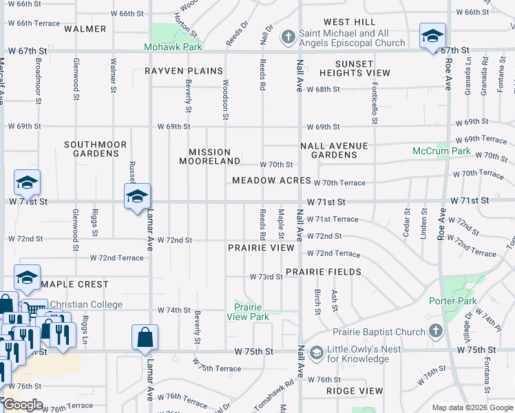 map of restaurants, bars, coffee shops, grocery stores, and more near 7106 Reeds Road in Overland Park